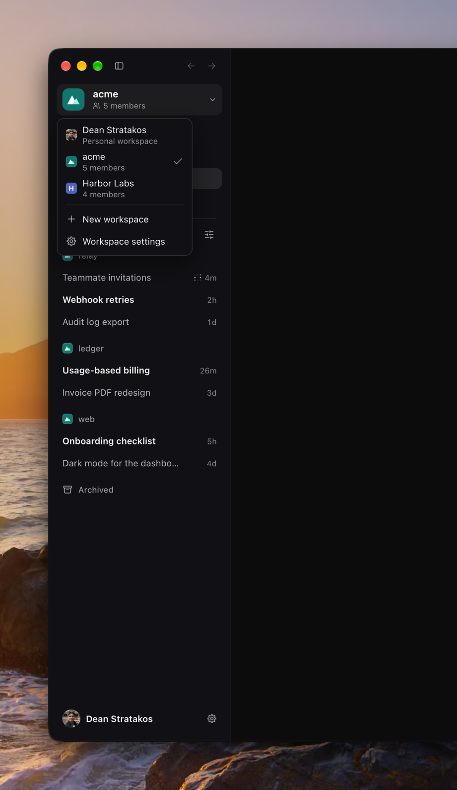 The sidebar headed by acme's mark and its five members, its switcher open on Dean's personal workspace, acme, and Harbor Labs, over acme's tasks.